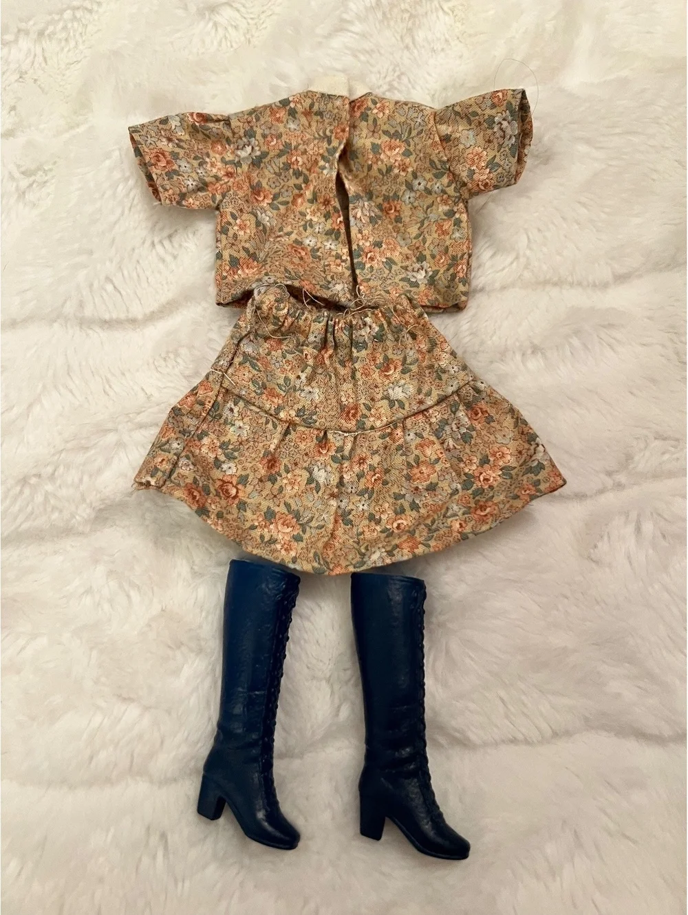 Vintage Barbie Fall Floral Crop top Matching Mini skirt Navy knee high boots